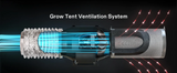 Grow tent ventilation system with blue and red lights on a black background