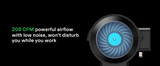 Fan with blue light on a black background and text about airflow and noise level.