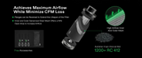 Product with text on airflow and CFM loss, featuring a black and green design.