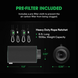 Product display with pre-filter included and heavy-duty rope ratchet details on a black background
