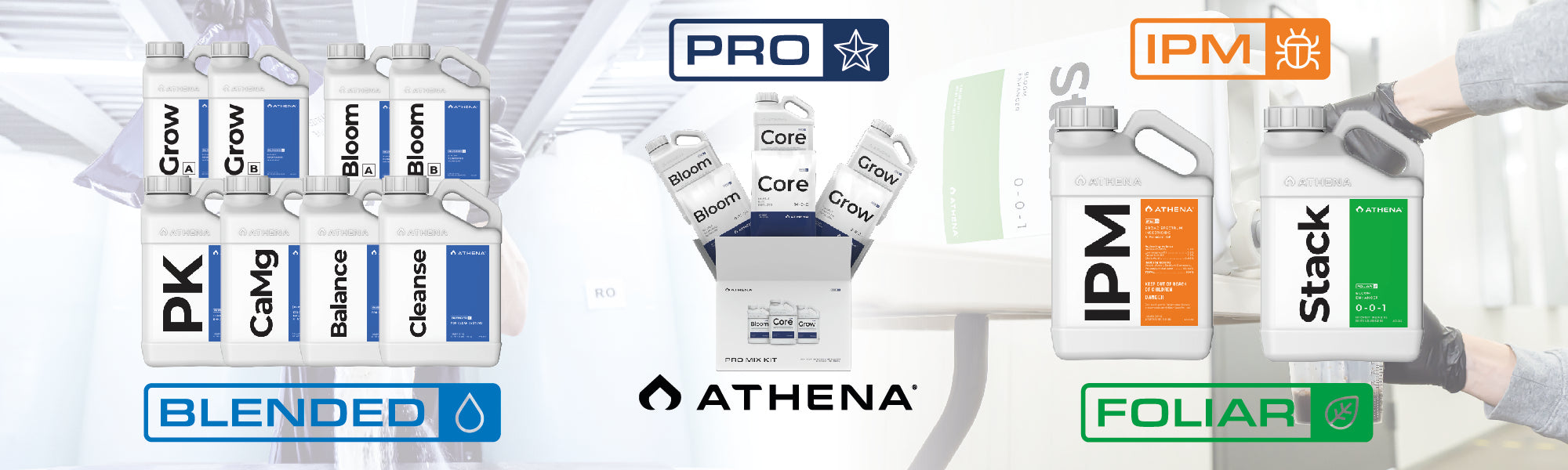 collection of Athena range Blended Pro and IPM with athena logo